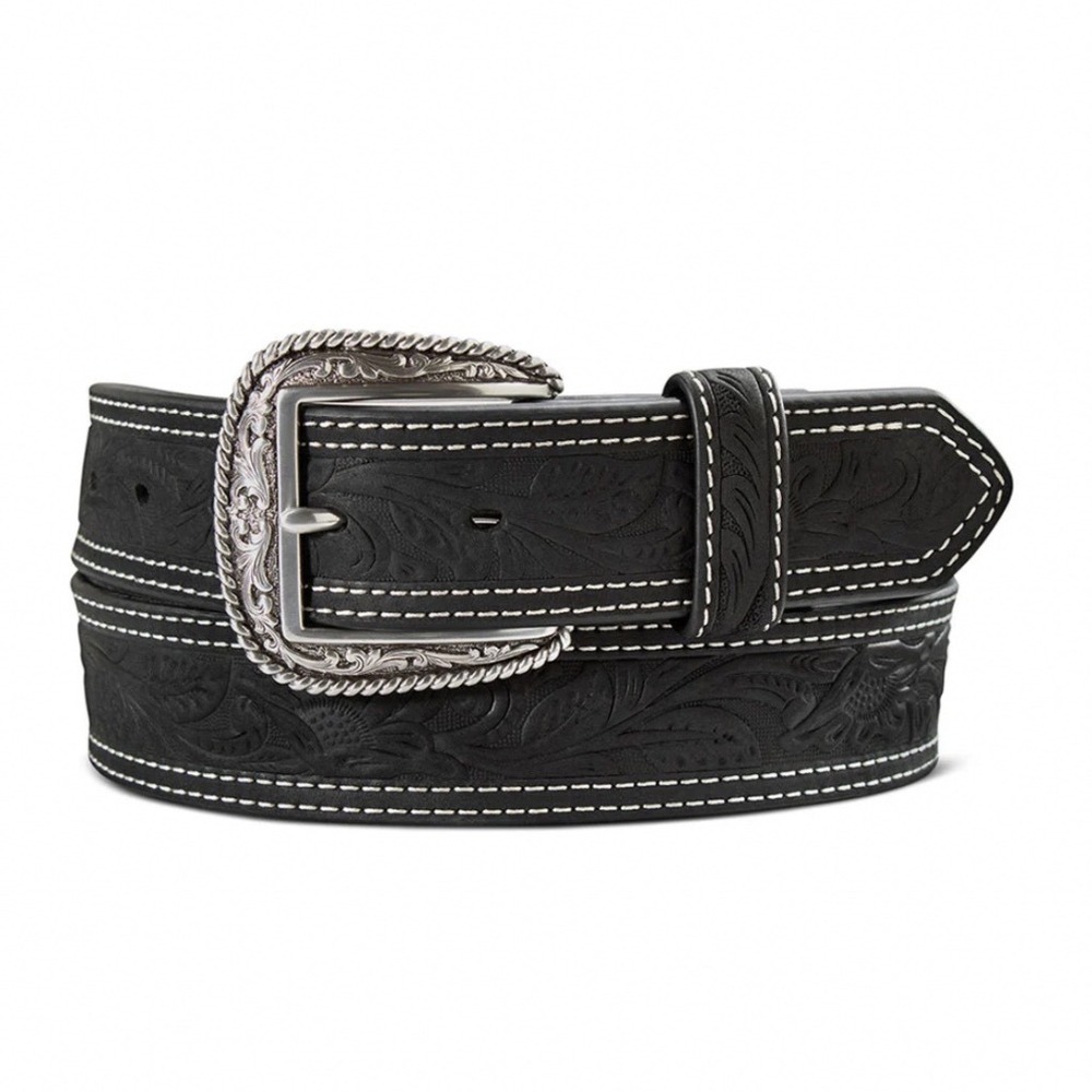 Ariat Mens Double Stitch Western Belt Black Leather Floral Tooling 38 NWT